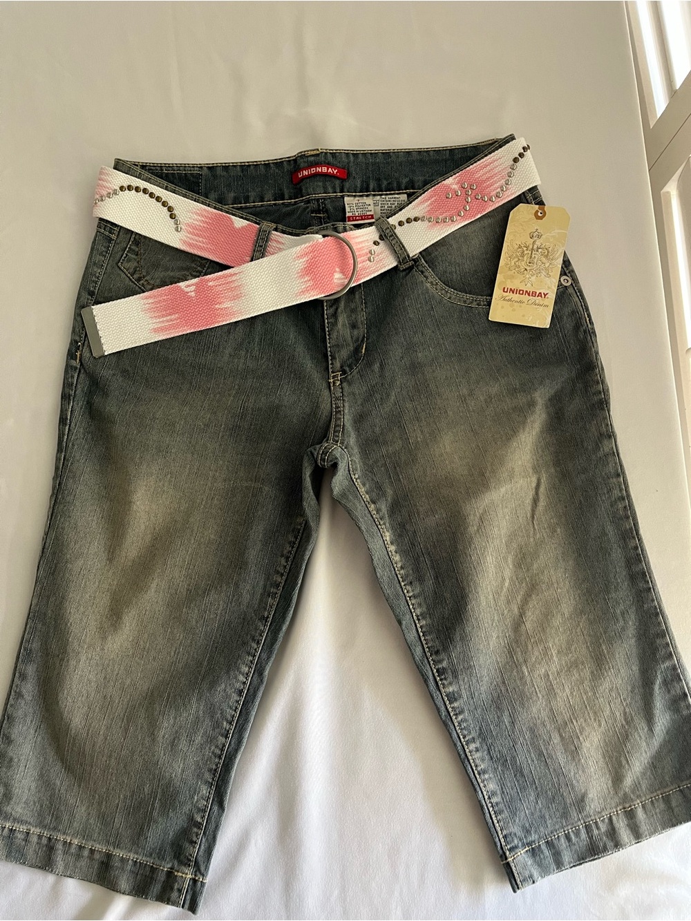 Unionbay Gray Denim Bermuda Shorts with Pink & White Studded Belt 7